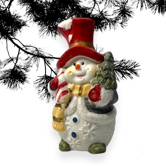 Snowman Porcelain Christmas Ornament Top Hat 3” Holiday Decor - Picture 1 of 4